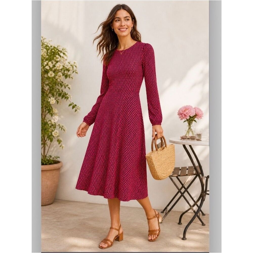 Boden Camille A-Line Midi Dress Red Navy Geometric Jersey Long Sleeve Size 10L